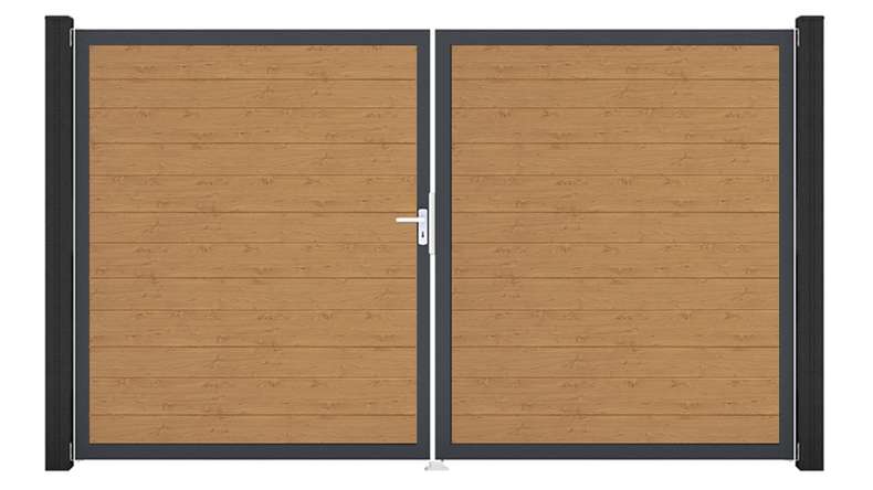 planeo Gardence Simply Small - Portail en PVC à deux battants, finition chêne naturel, avec cadre en aluminium, 300 x 180 cm