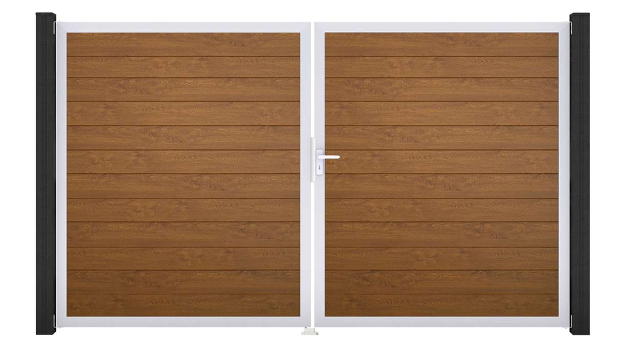 planeo Gardence Simply Small - Portail en PVC à deux vantaux, couleur Golden Oak, avec cadre en aluminium, 300 x 180 cm