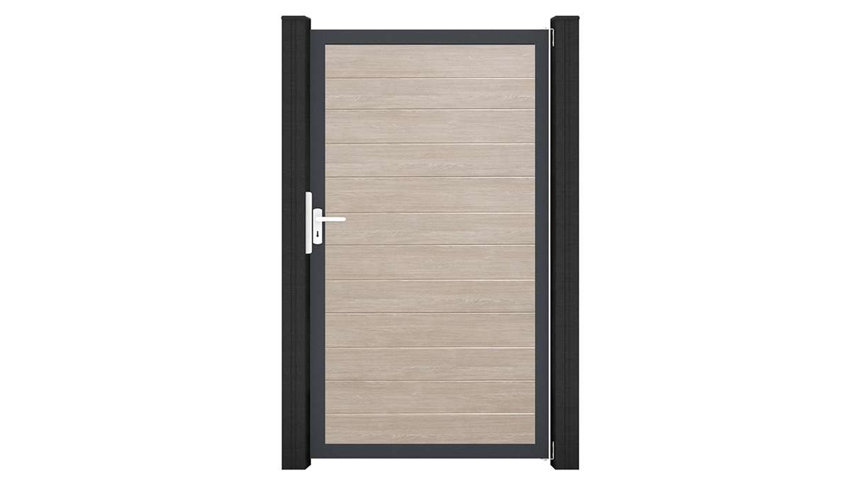 planeo Gardence Simply Small - Portail universel en PVC « Sheffield Oak » avec cadre en aluminium, 100 x 180 cm