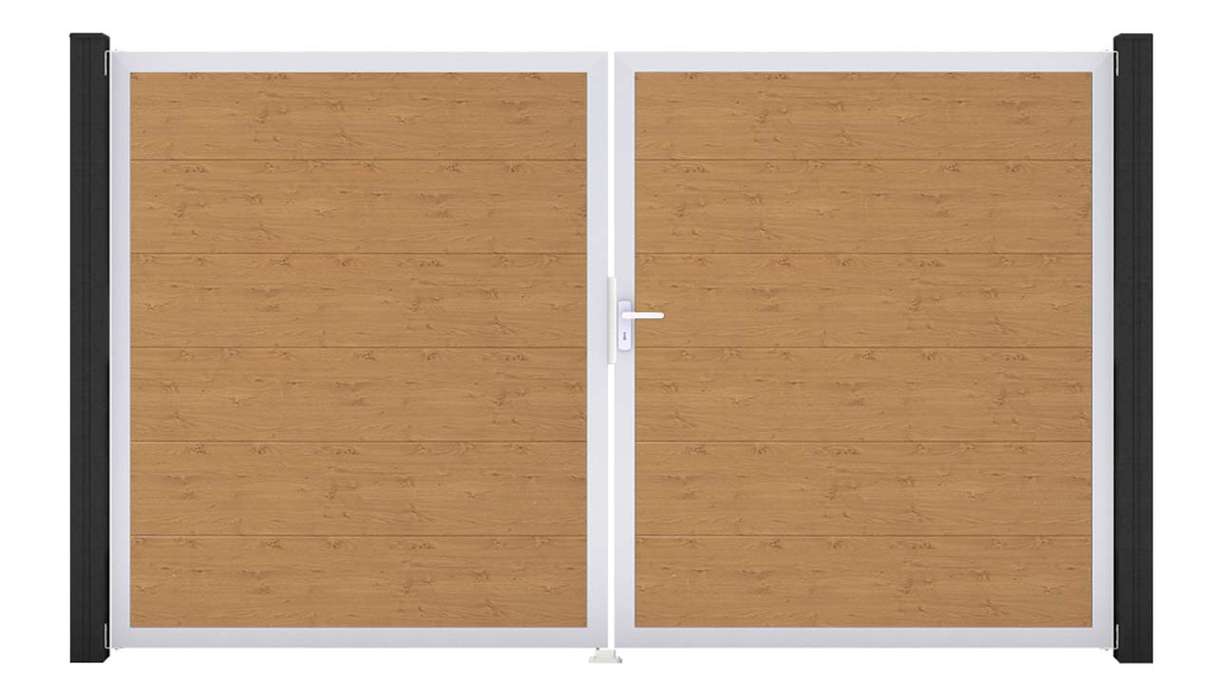 planeo Gardence Simply - Portail en PVC à deux vantaux, finition chêne naturel, avec cadre en aluminium