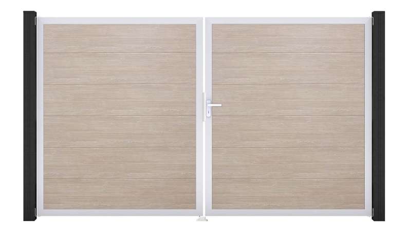 planeo Gardence Simply - Portail en PVC à deux vantaux, modèle Sheffield Oak, avec cadre en aluminium