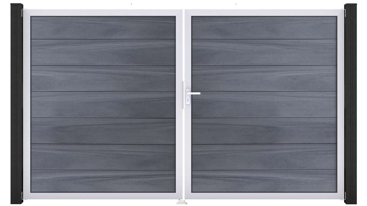 planeo Gardence Strong XL - Portail BPC - 2 vantaux, gris pierre, co-extrudé avec cadre en aluminium