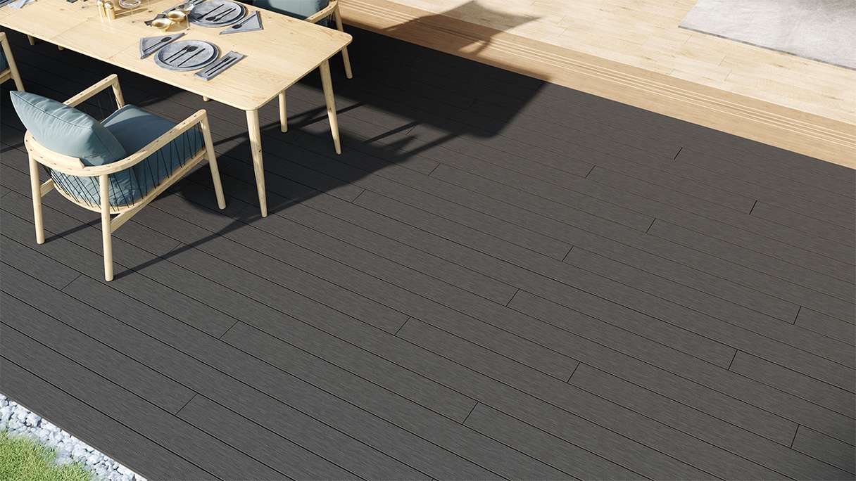 planeo LineWood Lame de terrasse WPC massif - gris foncé 3m rainuré/cannelé