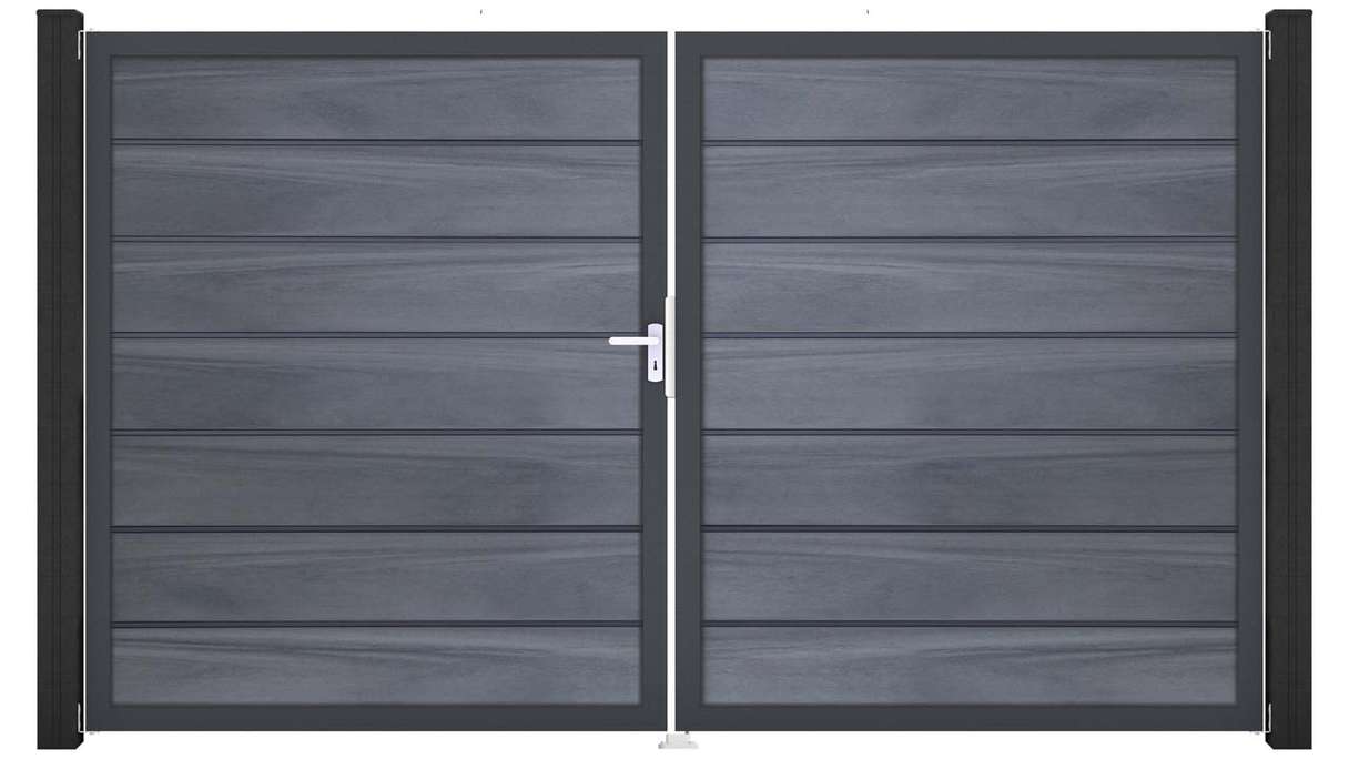 planeo Gardence Deluxe - Portail BPC - À deux vantaux, gris pierre, co-extrudé avec cadre en aluminium