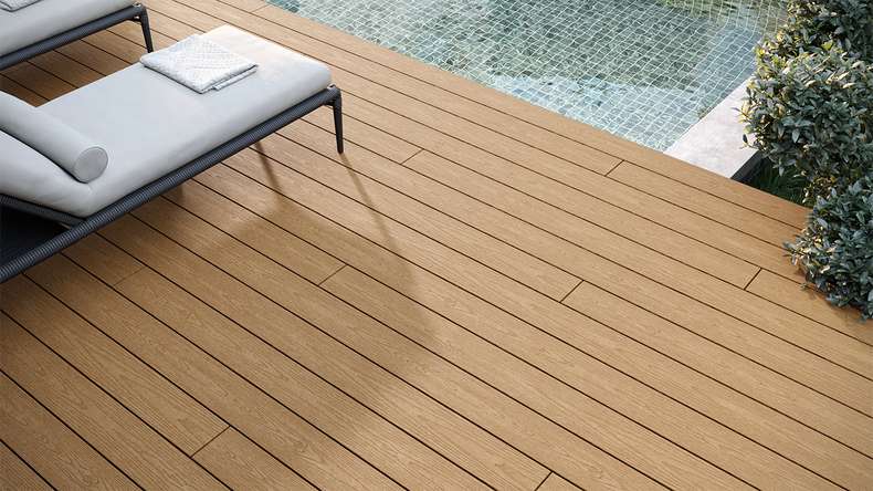 planeo CoEXWood Lame de terrasse WPC massif enrobé - Sable/Caramel 4.8m structuré