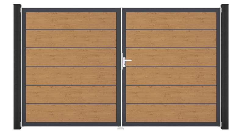 planeo Gardence Simply Premium - Portail en PVC à deux vantaux, finition chêne naturel, avec cadre en aluminium, 300 x 180 cm