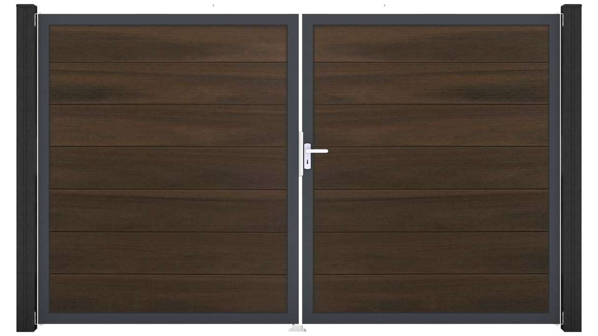 planeo Gardence Strong XL - Portail BPC - 2 vantaux, finition noyer co-ex avec cadre en aluminium
