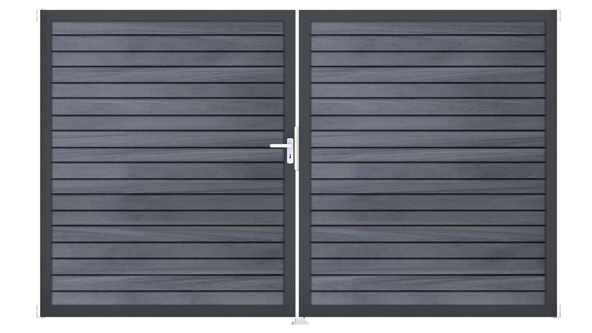 planeo Gardence Trendy - Portail BPC en losange - 2 vantaux, gris pierre, co-extrudé avec cadre en aluminium