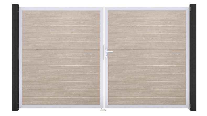 planeo Gardence Simply Small - Portail en PVC à deux vantaux, coloris Sheffield Oak, avec cadre en aluminium, 300 x 180 cm