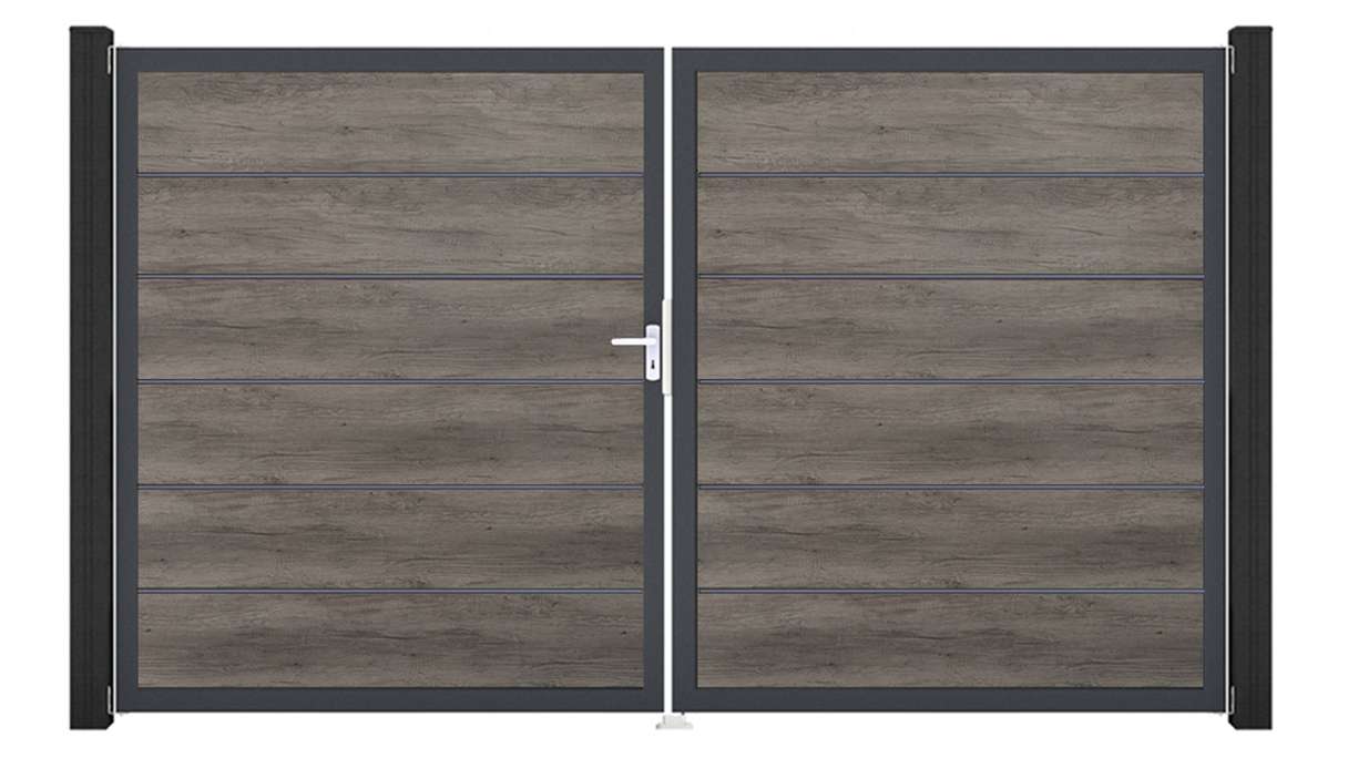 planeo Gardence Simply Premium - Portail en PVC à deux vantaux, couleur Monument Oak, avec cadre en aluminium, 300 x 180 cm