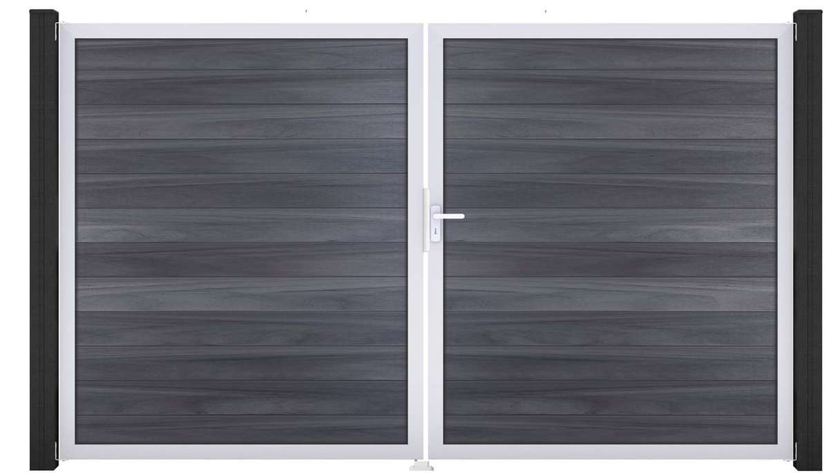 planeo Gardence Strong - Portail BPC - À deux vantaux, gris pierre, co-extrudé avec cadre en aluminium