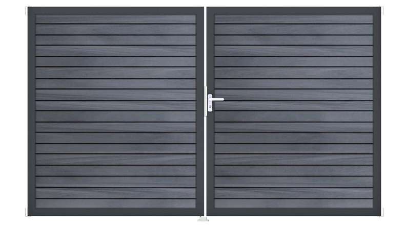 planeo Gardence Trendy - Portail BPC en losange - 2 vantaux, gris pierre, co-extrudé avec cadre en aluminium