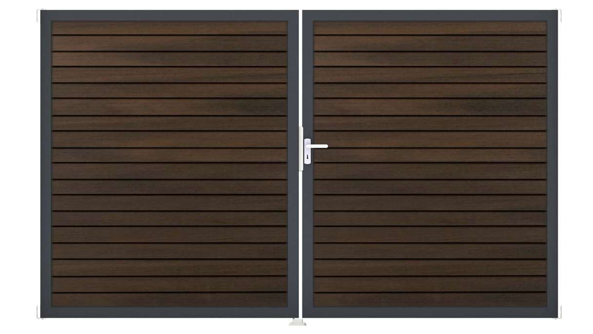 planeo Gardence Trendy - Portail BPC en losange - 2 vantaux, finition noyer co-ex avec cadre en aluminium