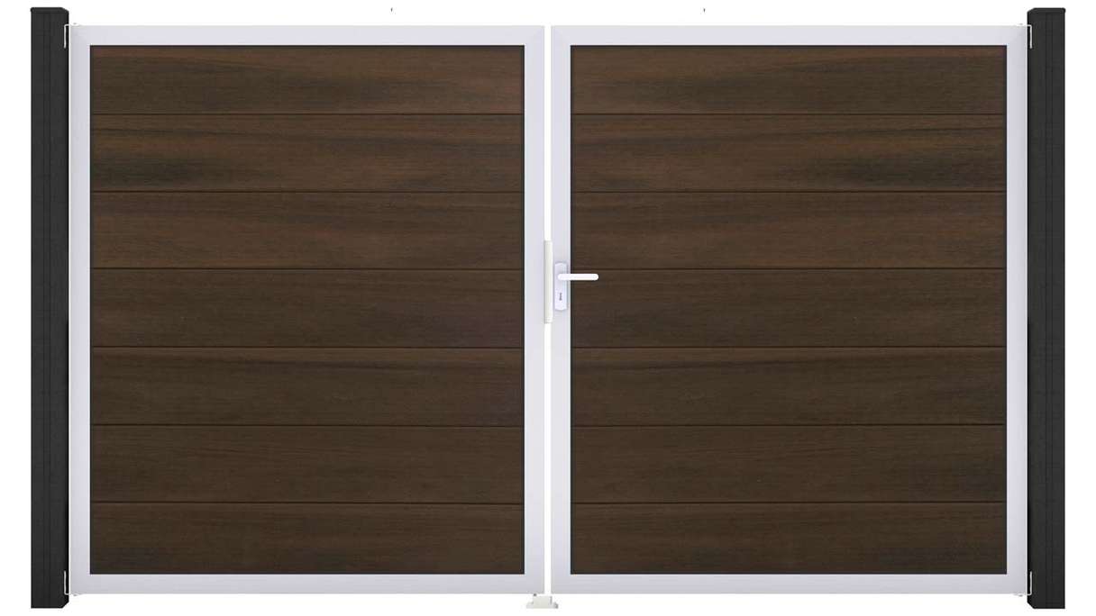 planeo Gardence Strong XL - Portail BPC - 2 vantaux, finition noyer co-ex avec cadre en aluminium