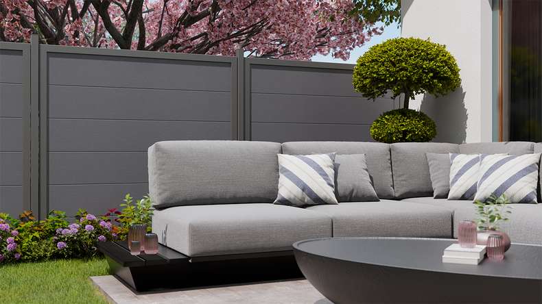 planeo Gardence Simply Guard - Clôture de jardin en PVC gris anthracite avec cadre en aluminium anthracite 180 x 180 cm
