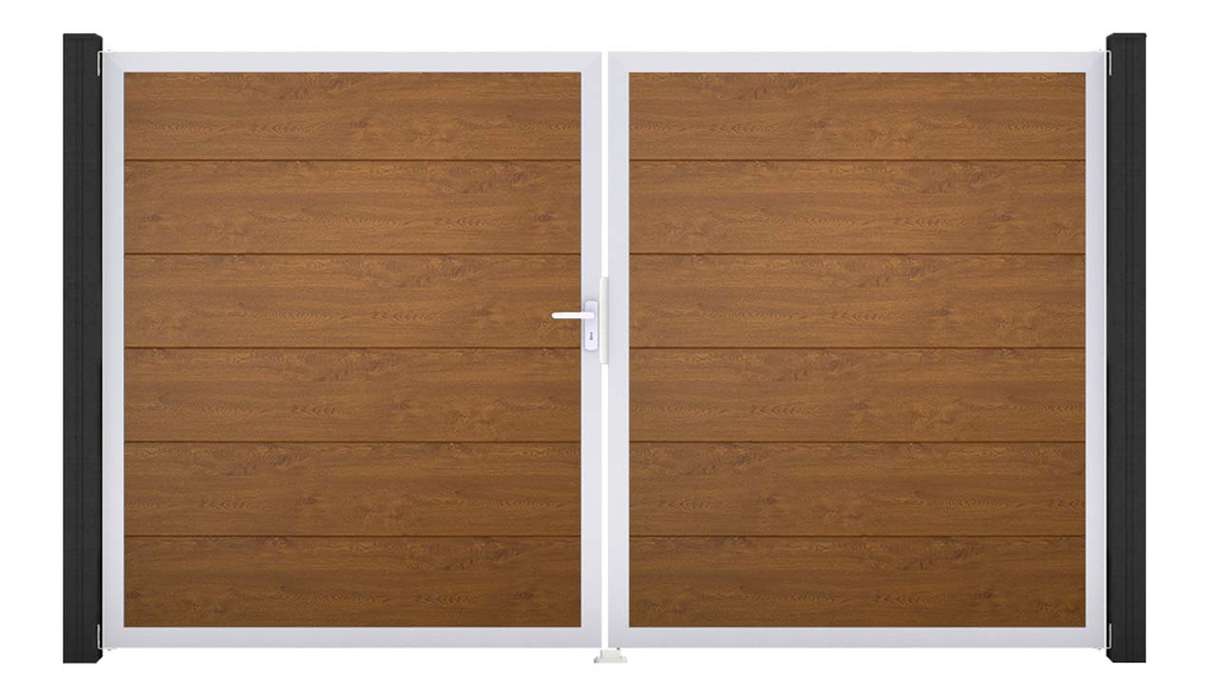 planeo Gardence Simply - Portail en PVC à deux vantaux, couleur Golden Oak, avec cadre en aluminium