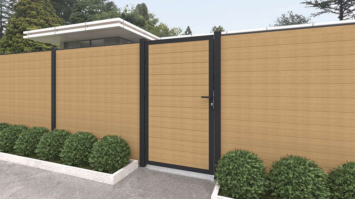 planeo INFINITY - Porte universelle WPC CoEx sable avec cadre alu anthracite 100 x 180 cm