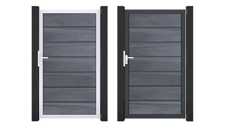 planeo Gardence Deluxe - Portillon universel BPC gris pierre, co-extrudé, avec cadre en aluminium, 100 x 180 x 4 cm
