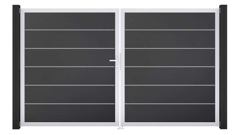 planeo Gardence Simply Premium - Portail en PVC à deux battants, gris anthracite, avec cadre en aluminium, 300 x 180 cm