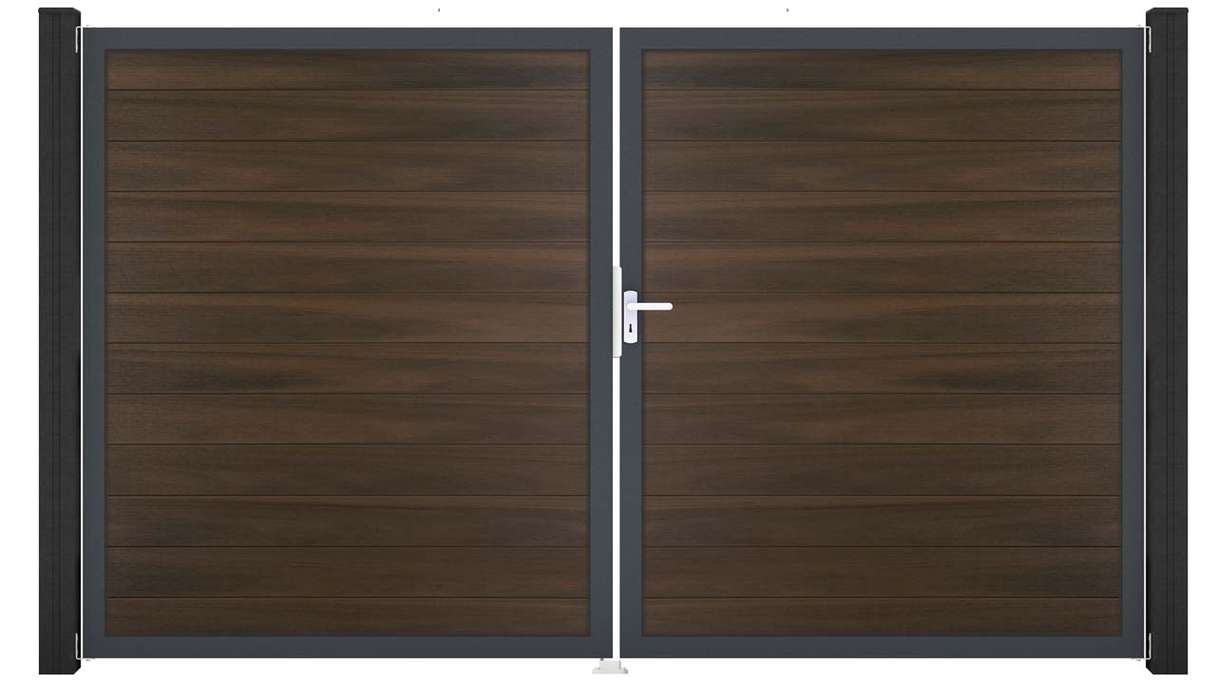 planeo Gardence Strong - Portail BPC - 2 vantaux, finition noyer co-ex avec cadre en aluminium