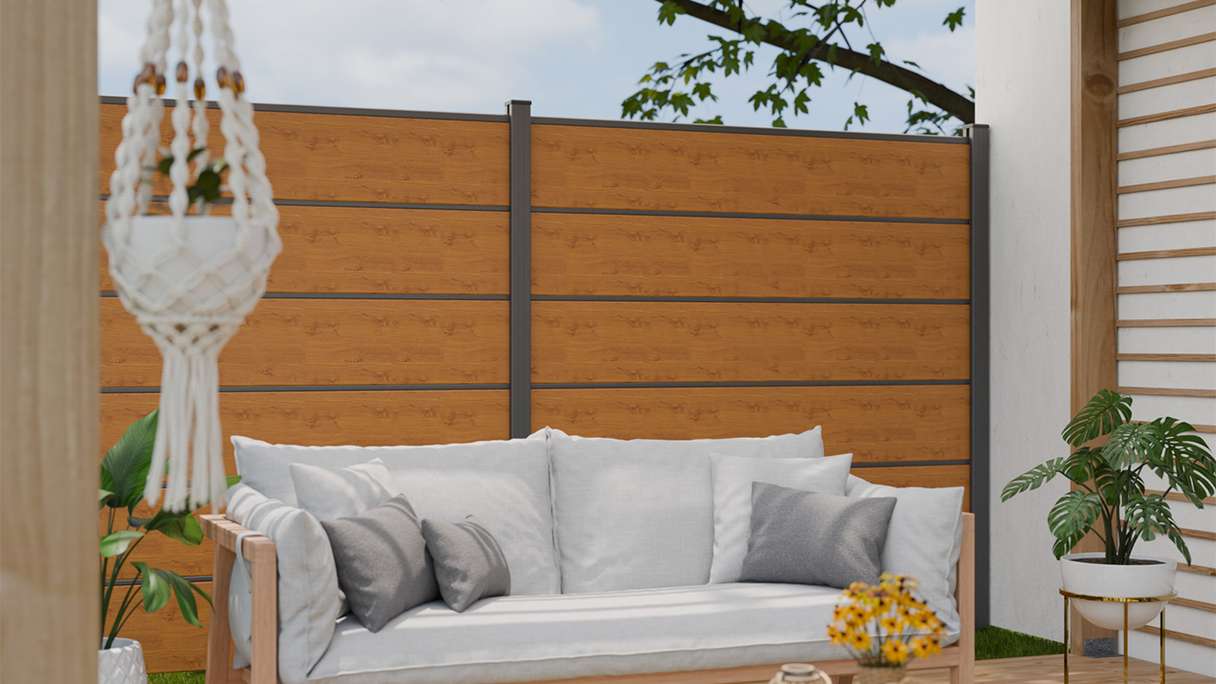 planeo Gardence Simply Premium - Clôture PVC à emboîter chêne cendré naturel avec pilastres anthracite 180 x 180 cm