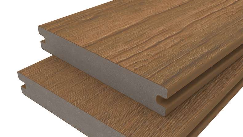 planeo ANTIKWoodline - Lame de terrasse massif en WPC CoEx - Teck de Birmanie 3 m - rustique/brossé lisse