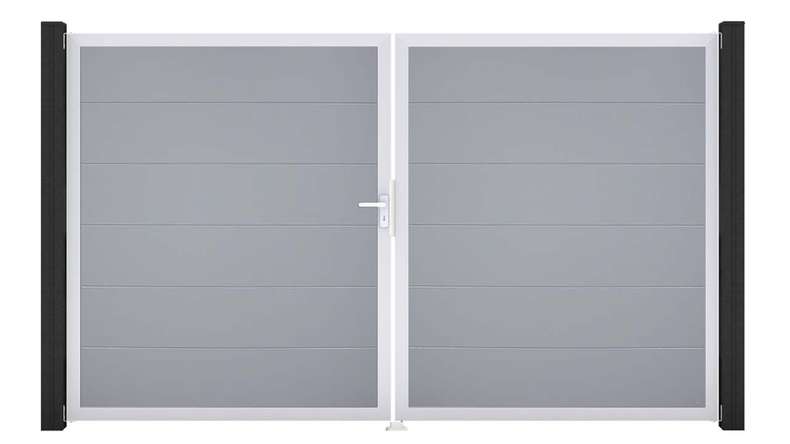 planeo Gardence Simply - Portail en PVC à deux vantaux, gris argenté, avec cadre en aluminium