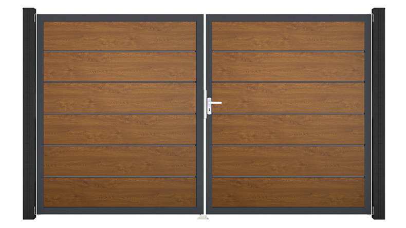planeo Gardence Simply Premium - Portail en PVC à deux battants, coloris Golden Oak, avec cadre en aluminium, 300 x 180 cm