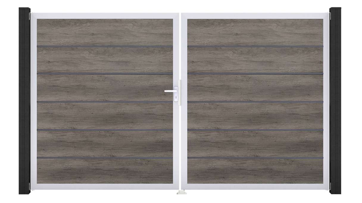 planeo Gardence Simply Premium - Portail en PVC à deux vantaux, couleur Monument Oak, avec cadre en aluminium, 300 x 180 cm