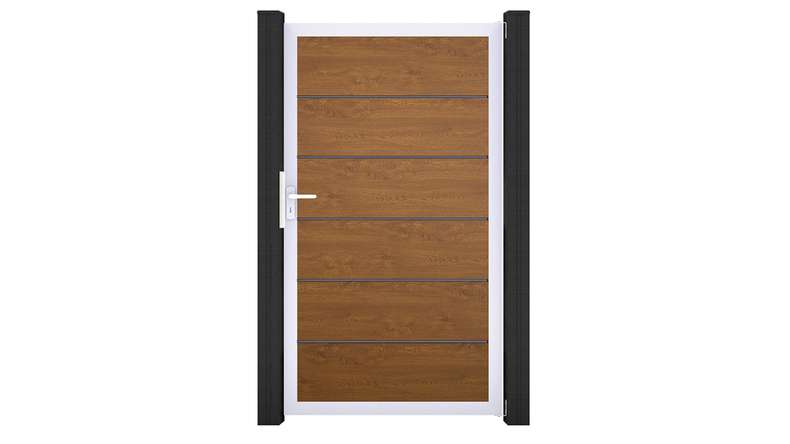 planeo Gardence Simply Premium - Portail universel en PVC « Golden Oak » avec cadre en aluminium, 100 x 180 cm