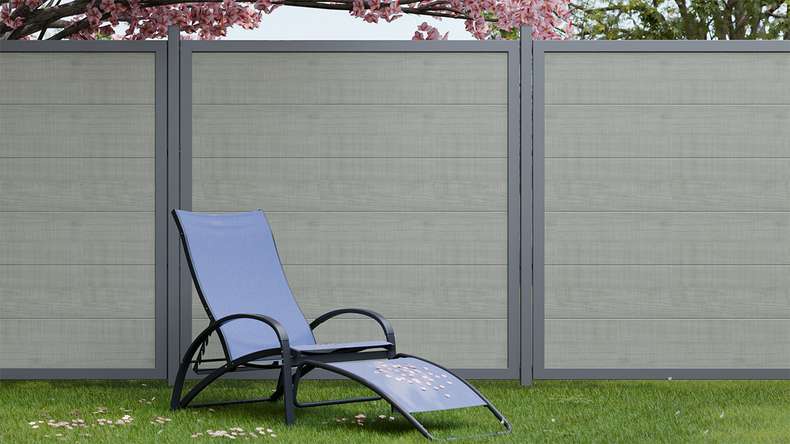 planeo Gardence Simply Guard - Clôture de jardin en PVC Grey Ash Cut avec cadre en aluminium anthracite 180 x 180 cm