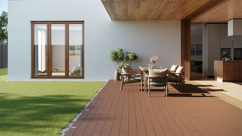 planeo LineWood Lame de terrasse WPC massif - brun clair rainuré/cannelé