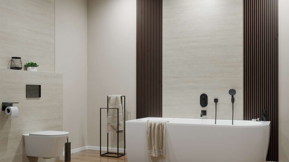 planeo Revêtement mural SPC - CeraRock Tile Stripes Light Travertine 120 x 60 cm