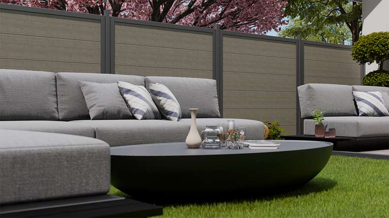planeo Gardence Simply Guard - Clôture de jardin en PVC Grey Ash Cut avec cadre en aluminium anthracite 180 x 180 cm