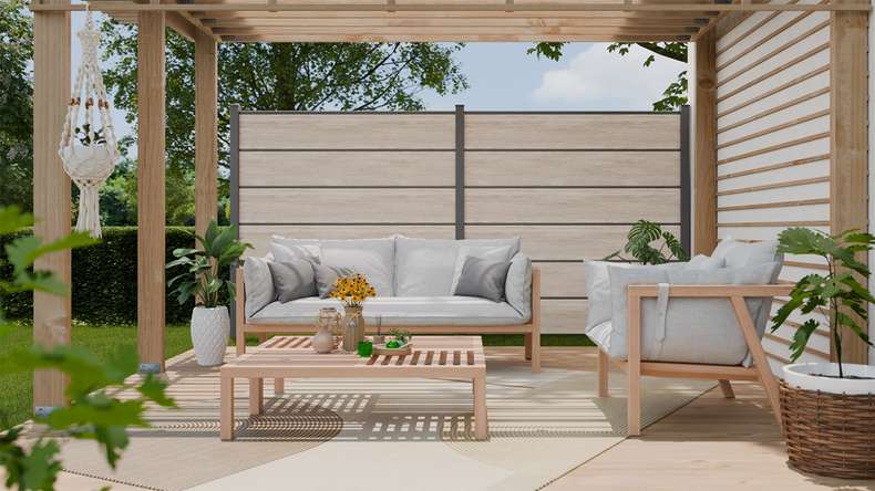 planeo Gardence Simply Premium - Clôture à emboîter en PVC Sheffield Oak light avec pilastres en anthracite 180 x 180 cm