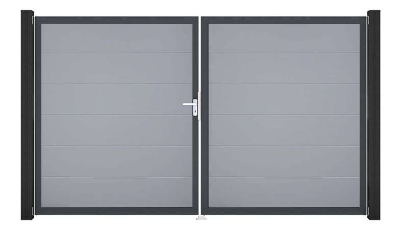 planeo Gardence Simply - Portail en PVC à deux vantaux, gris argenté, avec cadre en aluminium