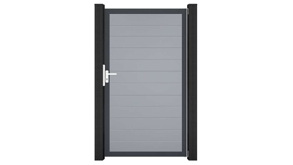 planeo Gardence Simply Small - Portail universel en PVC gris argenté avec cadre en aluminium 100 x 180 cm