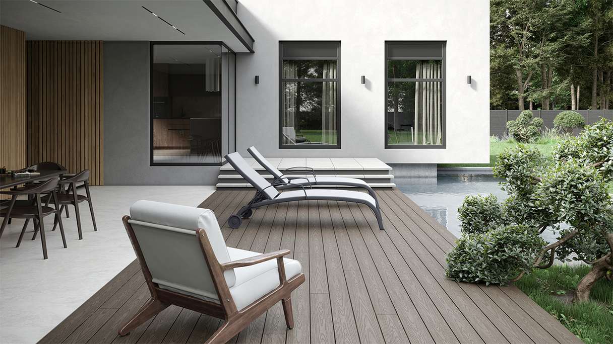 planeo CoEXWood Kit complet de terrasse en WPC Plancher massif - gris anthracite/gris brun structuré