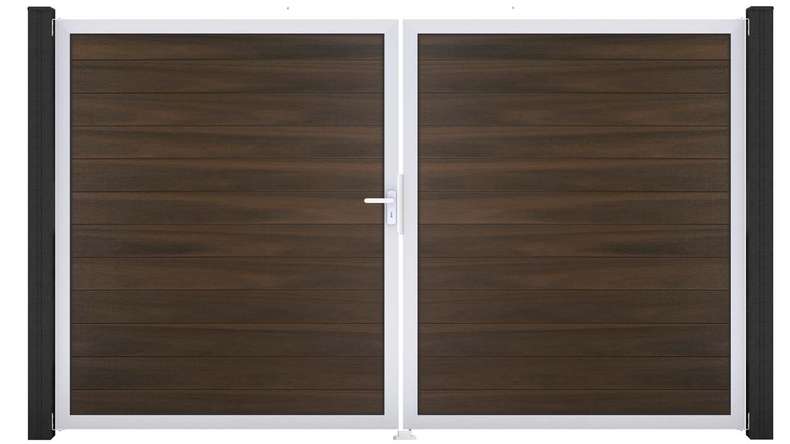 planeo Gardence Strong - Portail BPC - 2 vantaux, finition noyer co-ex avec cadre en aluminium 