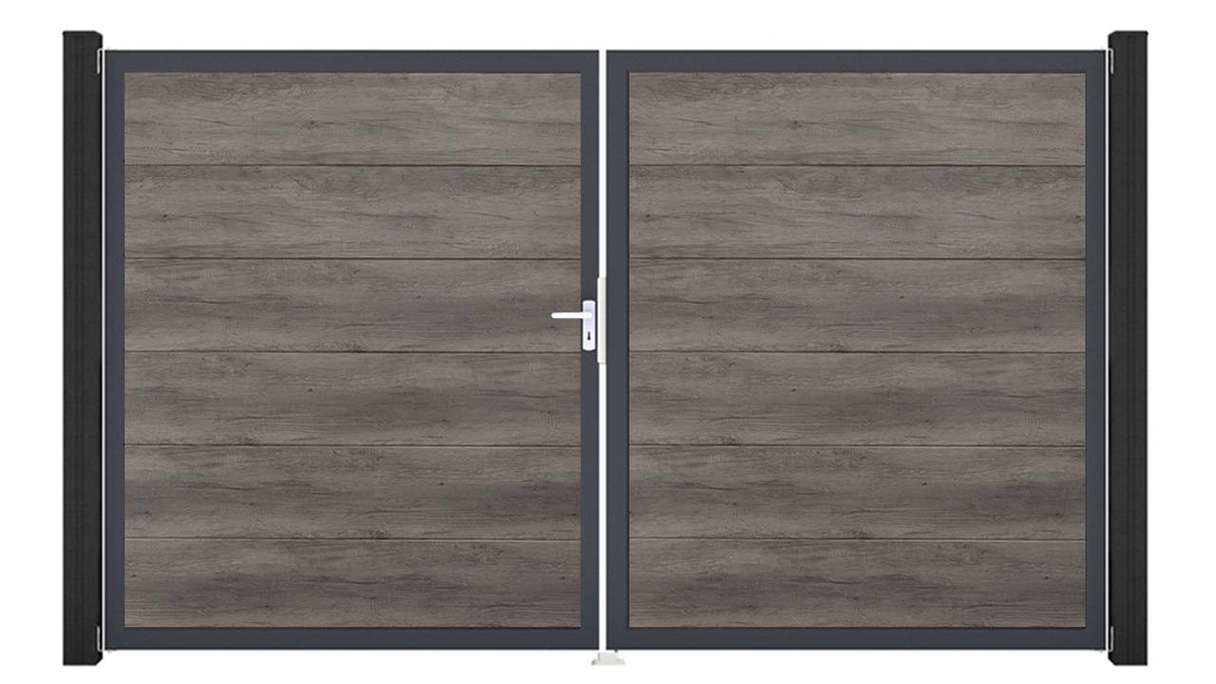 planeo Gardence Simply - Portail en PVC à deux vantaux, coloris Monument Oak, avec cadre en aluminium