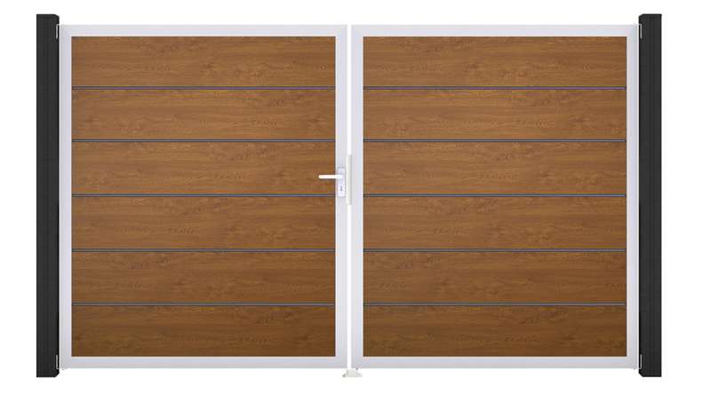 planeo Gardence Simply Premium - Portail en PVC à deux battants, coloris Golden Oak, avec cadre en aluminium, 300 x 180 cm