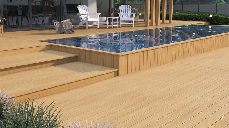 planeo WOODLine Nature - Lame de terrasse WPC CoEx enrobée chambre creuse - sable 3m structuré/lisse brossé