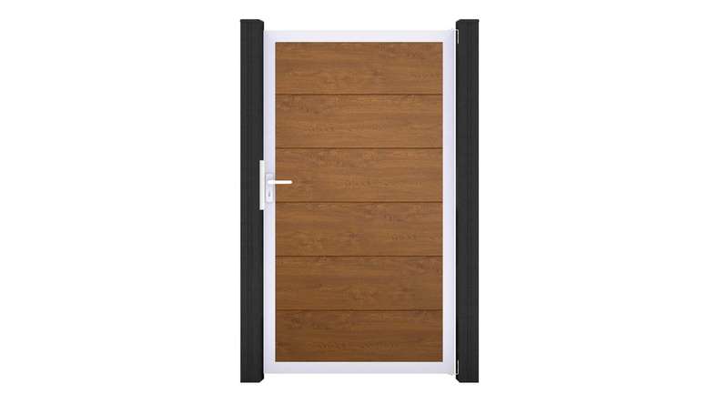 planeo Gardence Simply - Portail universel en PVC « Golden Oak » avec cadre en aluminium, 100 x 180 cm