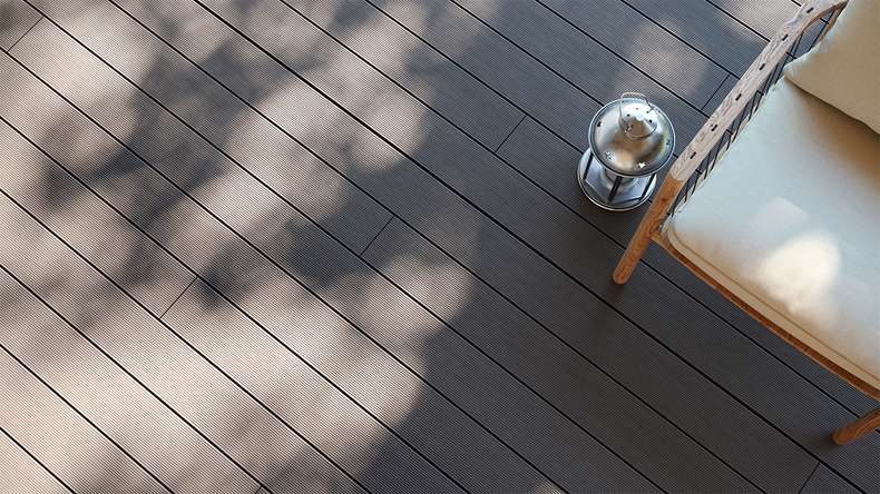planeo LineWood Lame de terrasse WPC massif - gris clair 3m rainuré/cannelé