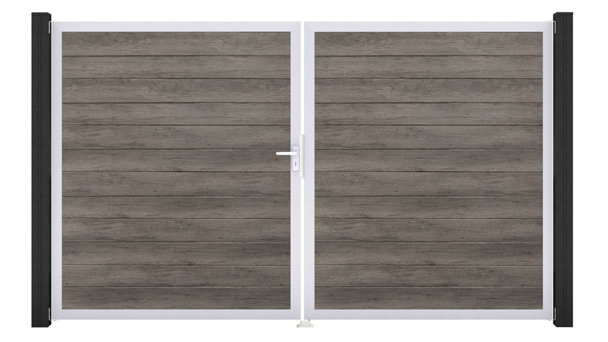 planeo Gardence Simply Small - Portail en PVC à deux vantaux, couleur Monument Oak, avec cadre en aluminium, 300 x 180 cm