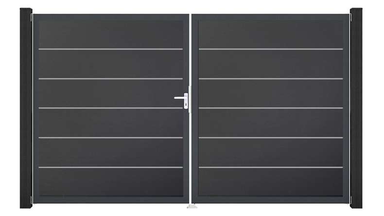 planeo Gardence Simply Premium - Portail en PVC à deux battants, gris anthracite, avec cadre en aluminium, 300 x 180 cm