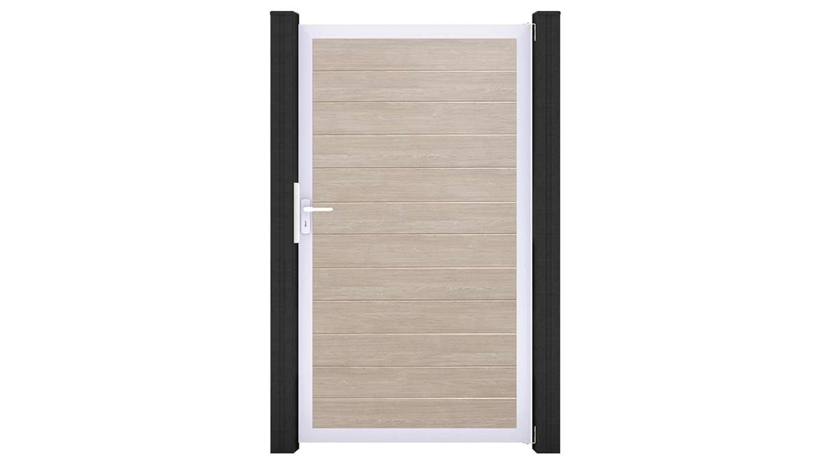 planeo Gardence Simply Small - Portail universel en PVC « Sheffield Oak » avec cadre en aluminium, 100 x 180 cm