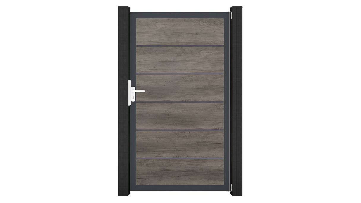 planeo Gardence Simply Premium - Portail universel en PVC « Monument Oak » avec cadre en aluminium, 100 x 180 cm 