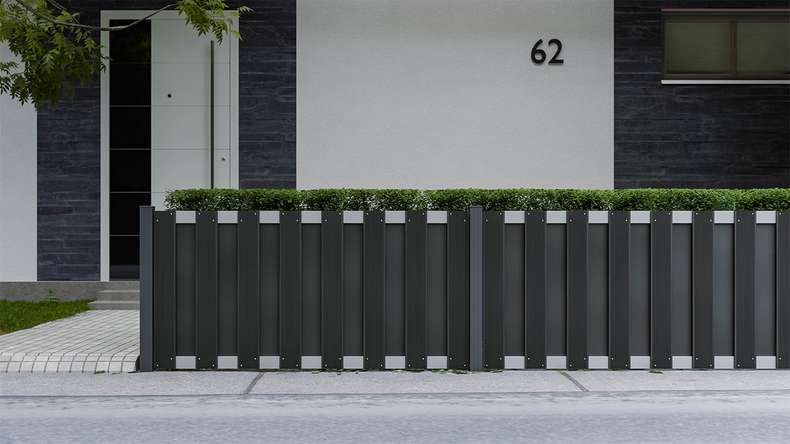 planeo Gardence Premade - Clôture de jardin BPC Clôture d'avant-cour Anthracite avec EV1 argent Traverse 180 x 90cm