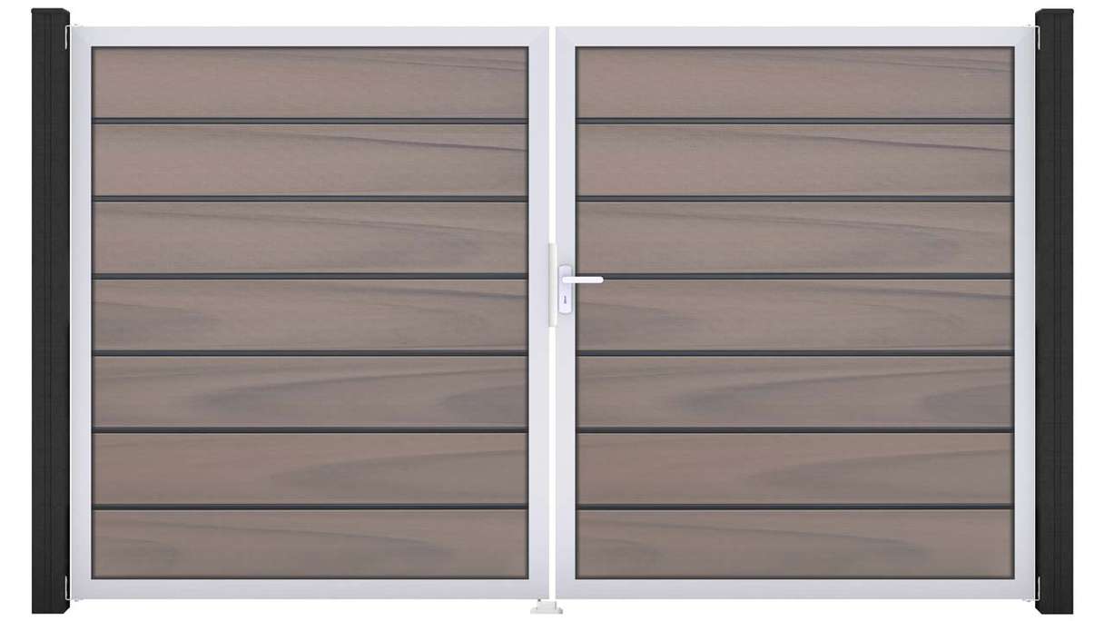 planeo Gardence Deluxe - Portail BPC - À deux vantaux, bicolore, co-extrudé, avec cadre en aluminium